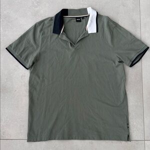 BOSS Olive Green Polo with Black and White Contrast Collar